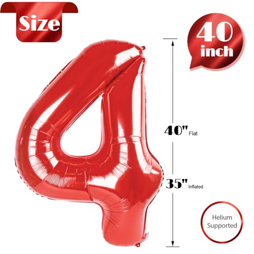 Image of Red Number 4 Balloon 40 Inch, 4th Birthday Party Decorations, Giant 4 Foil Balloon for Party Supplies