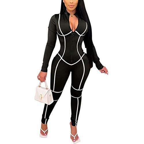 IyMoo Women's Long Sleeve Zipper Bodycon Tight Full Length Jumpsuits Rompers One Piece Outfits Black XL