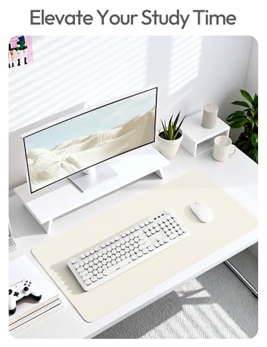 Image of YSAGi Leather Desk Protector, Office Mat, Large Mouse Mat, Non-Slip PU Leather Blotter, Laptop Desk, Waterproof Writing Pad for Office and Home (Cream, 35.4 inch x 17 inch)