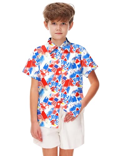 Image of Remimi Unisex Kids 4th of July Button Up Shirt Boys American Flag Print Hawaiian Beach Short Sleeve Tops 5-14 Years