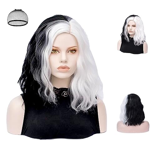 Aomig Perruque Femmes Halloween Carnaval, Noir Moitié Blanc Cosplay, Bob Perruque pour Cospaly Halloween Party...