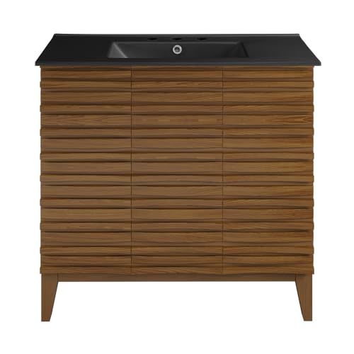 Image of Swiss Madison Cascade 36 in. Brown Oak Bathroom Vanity with Black, 3-Hole Ceramic Sink Top