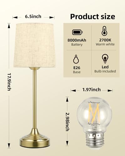 Image of Battery Operated Lamp, 8000mAh, Ambient Light, Touch Control, Dimmable, Portable, 2700K, LED, Wireless, Rechargeable, Battery Operated, Desk Lamp, Kitchen Lamp, Fabric Shade, for Dining Room, Bedroom