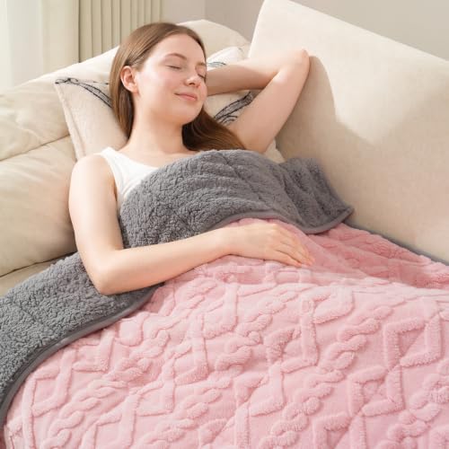 Image of Drewin Queen Size 15lbs Weighted Blanket for Adults, Soft Cozy Turtleback Sherpa Weighted Blankets for Sleeping and Calming, Thick Bed Blanket for Couch Bed, 48 x 72 inches, Pink and Grey