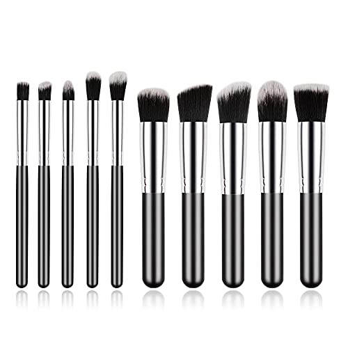 Suake 10 Pcs Professional Makeup Brush Set made of Premium Synthetic Bristles with Ultra Soft Powder Brush, Foundation Brush for Face Makeup & Eyeshadow Brush for makeup (Pack of 10) ( Black and Silver )