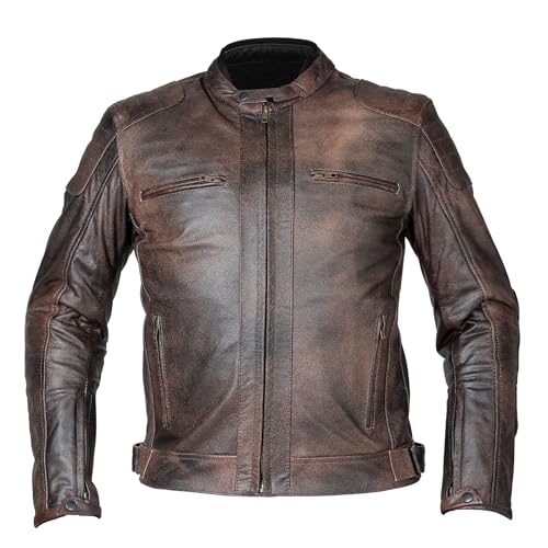 RKsports 06 Mens Casual Fashion Leather Motorcycle Antique Brown Jacket with Armour (2XL)