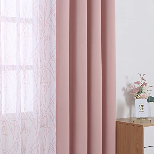 Bonzer Mix And Match Curtains - 2 Pieces Branch Print Sheer Curtains And 2 Pieces Blackout Curtains For Bedroom Living Room Grommet Window Drapes, 54X63 Inch/Panel, Blush, Set Of 4 Panels #TOP5