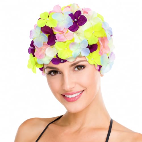 Image of Housoutil Flower Swim Cap for Women, Floral Swimming Cap Waterproof Bathing Hat, Stylish Swim Hat for Adult Women, Colorful Large Size