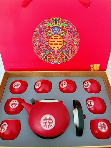 Red Chinese Wedding Tea Set - Traditional Ceramic Double Happines...