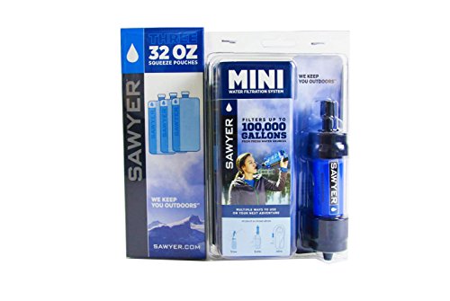 Sawyer Mini Wasserfilter Outdoor Wasseraufbereiter Trinkwasser Sparset mit 3 x 1l Trinkbeutel