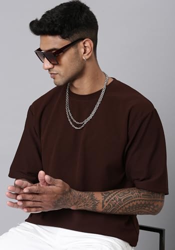 Image of Men's Stylish Round Neck Textured 3 /4th Sleeve Oversized T-Shirt (Brown)