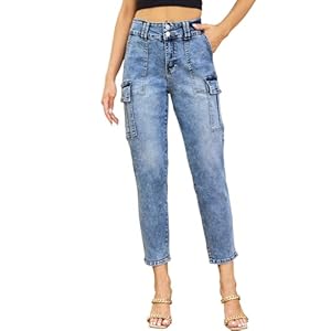 ALLABREVE Cargo Jeans for Woman,Mid Waisted Straight Stretch Control Trendy Denim Pants with Pocket