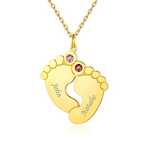 Custom4U Personalized Mom Neckalce with 1/2/3/4/5 Names Birthstones Custom Footprint Feet Pendant Cutomized Memorial Mother Jewelry Engraved Gifts for Mom Women (Gift Box) A-2 Feet-Gold Colo