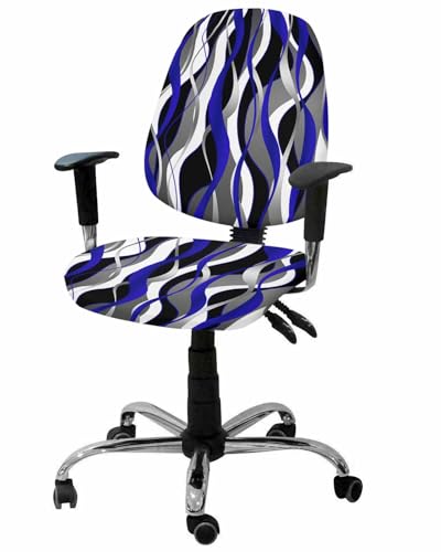 Blue Striped 2 Pieces Computer Office Chair Covers Set,Stretchable Desk Rotating Chair Seat Cushion Slipcover Back Covers,Modern Black Gray Ombre Abstract Geometric Slipcover Back Cover Protector