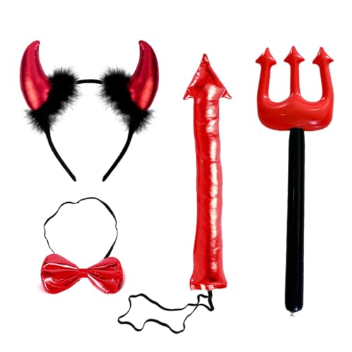 OIXYEE Conjunto completo de 4 peças para disfarce de , inclui chifres ajustáveis, cauda, tridente e gravata demoníaca para carnaval, Halloween e festas temáticas, disfarces adultos para cosplay