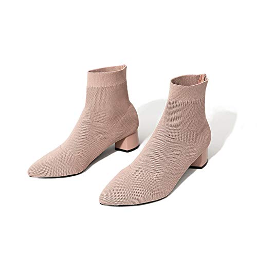 Chegong Women's Black Knit Chunky Heel Sock Boots Pointed Toe Soft Mid-Calf Booties #TOP1