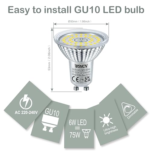 WSMCN GU10 LED Bulbs Dimmable 6W, Cool White 6000K 545LM, 75W Halogen Equivalent, 120° Beam Angle, Flicker-Free Spotlight, Pack of 6 - Image 4