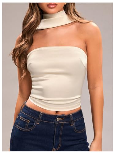 SHENHE Women's Y2k Halter Tube Tank Crop Top Slim Fit Strapless Scarf Top Going Out Shirt4