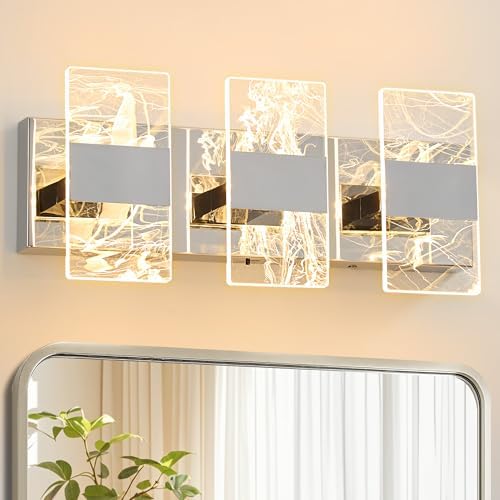 Modern LED Bathroom Light Fixtures 3-Light Chrome Vanitys Light, 5CCT Adjustable Lighting Fixture Vanity Lights Over Mirror, Smoked Acrylic LED Vanity Lights for Bathroom