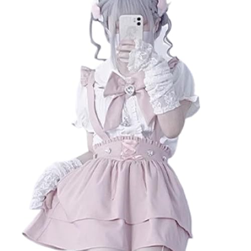 Pokn Lolita Shirts Jirai Kei Fashion Kawaii Cute Clothes Blouse Lace Short Puff Sleeve Shirt Gothic Top Ruffle Top with Bow (Pink,One-Size,One Size)