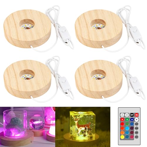 GOEDCH LED Base in Legno: 4 Pezzi Base Luminosa a LED, Base Rotonda Espositiva con Luci LED con Cavo Interruttore USB, Base a LED per Display per Cristallo, Gioielli Acrilico e Resina