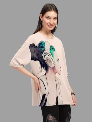 Image of HELLCAT Beige Trendy Printed Oversized T-Shirt for Women