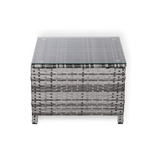 Stylish Club Rattan Outdoor Coffee Table with Glass Top - Wicker Weave Side Table for All-Weather Bistro Furniture (Grey, 55 * 55 * 38) - Image 5