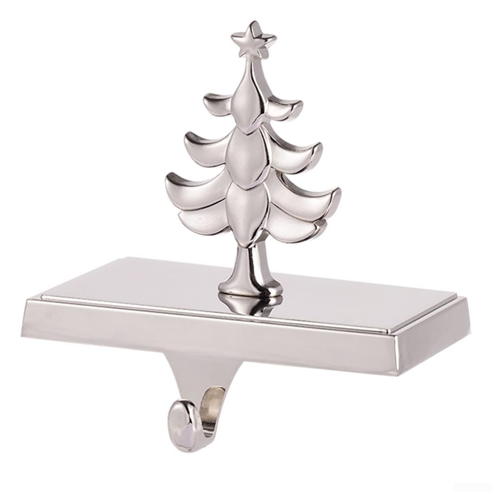 Eawfgtuw Juego de 4 soportes para calcetines de Navidad, ganchos de metal plateado resistentes con almohadillas antideslizantes para colgar medias de Navidad y decoraciones navideñas (árbol de Navidad