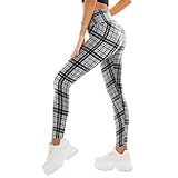 SINOPHANT High Waisted Leggings for Women - Full Length Capri Buttery Soft Yoga Pants for Workout Athletic(Full Black White Plaid,L-XL)