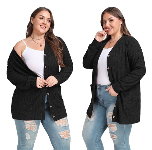 OLRIK Plus Size Cardigan for Women Open Front Button Down Lightweight Casual Sweater with Pockets Fall Outfits3