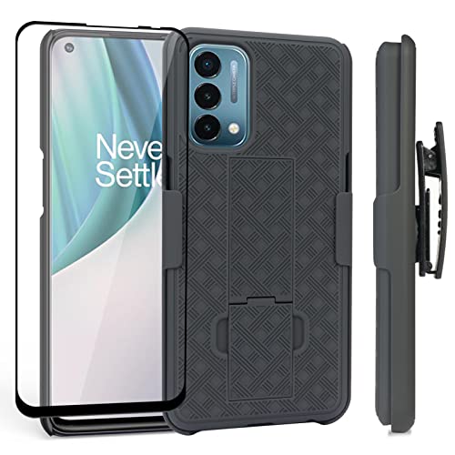 Ailiber Compatible with OnePlus Nord N200 5G Case, OnePlus Nord N200 Holster with Screen Protector, Swivel Belt Clip, Kickstand Holder, Slim Shockproof Shell Slide Phone Case for 1+ Nord N200 5G-Black