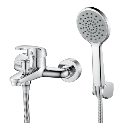 Rehomthy Mitigeur Monocommande Bain Douche, Robinet Baignoire avec Douchette et Flexible de Douche, Mitigeur de Douche Mural, Chromé
