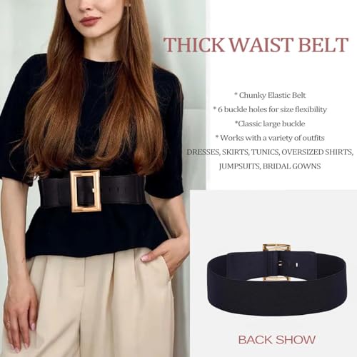 Yalice Wide Elastic Belt Women Thick Black Waist Belts for Dresses Retro Chunky Stretchy Belt with Gold Buckle3
