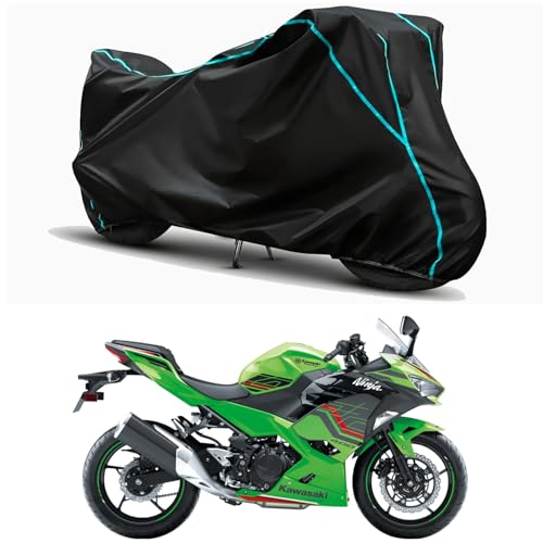 Image of Waterproof Bike Body Cover Compatible for | KawasaNinja 400 | Taffeta Fabric, Sky Piping Design, Bottom Elastic Fit | Dustproof, Sun UV & Rain Protection for All Weather.