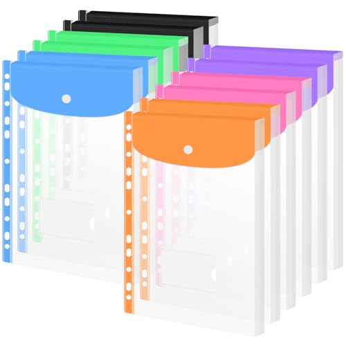 Plastic Wallets A4 Punched Pockets, 12 PCS Expandable Plastic File Folders A4 Plastic Folder Waterproof Pockets Files Envelope with Snap Button Top Opening Document Folders for School Office Home