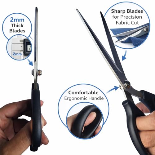 Image of Heff Tailor Fabric Scissors, Black Handle, Stainless Steel Blades, Professional Cloth Cutting Tool