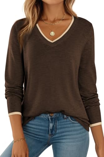 Image of Dokotoo Womens Sweaters Dressy Casual V Neck Lightweight Wool Tops | Long Sleeve,Fall Clothes,Ribbed Hem,Warm,comfort, Casual Knit Pullover