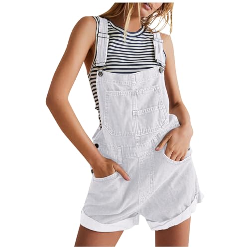 Jean Romper for Women Denim Bib Loose Fit Overall Shorts Summer Casual Roll Up Short Jumpsuits with Pockets Jean Shortalls One Piece Jeans Jumpsuit Denim Rompers for Women 2025 Wide Leg Overalls