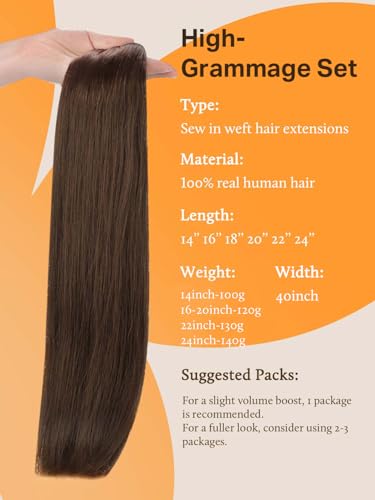 Image of DOORES Weft Hair Extensions, 22 Inch 130g Chocolate Brown, Straight Virgin Sew in Human Hair Extensions Long Natural