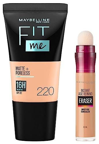 Image of Maybelline New York Instant Age Rewind Concealer, Medium, 6g and Maybelline New York Fit Me Matte+Poreless Liquid Foundation Tube, 220 Natural Beige, 18ml