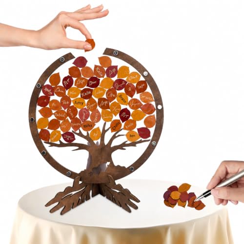 Image of PAMBO Wedding Guest Book Alternative with 55 Fall Leaves - Rustic Wooden Tree of Life Guestbook Frame, 12 inch Handcrafted Autumn Wedding Sign in Decoration & Keepsake for Reception