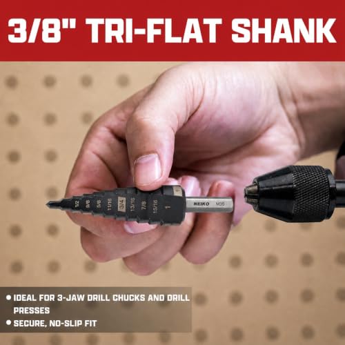 Image of NEIKO 10194B Step Drill Bit, 10 Steps 1 /4 inch to 1-3 /8 inch Straight M35 Cobalt, AlTiSiN Coated, 3 /8 inch Tri-Flat Step Bits for Steel, Metal, Wood, Plastic, Unibit Cone Drill Bits, Two Flute