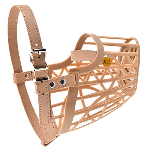 Image of Sage Square Adjustable Strap Muzzle, Mouth Cover, Basket Cage, Pet Safety Collar for Anti Biting Dog. (Beige, Small)