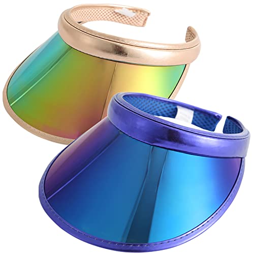 2 Pieces Visors For Women Sun Hats Women Slip-On Adjustable Iridescent Clear Sport Outdoor Cap Colored Reflective Tennis (2 Pack,Gold Royal Blue) #TOP6