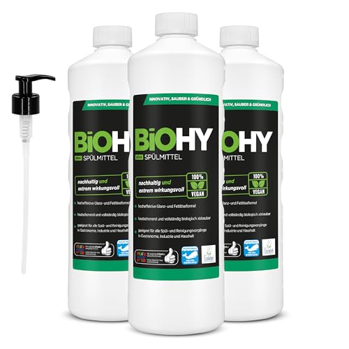 BiOHY Detergente para lavavajillas Plus (3 x 1 litro) + dispensador de bomba, concentrado líquido orgánico para vajilla con etiqueta ecológica de la UE, desengrasante extrapotente, ideal para