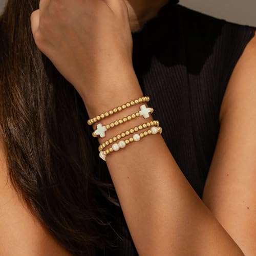 HLJEO Dainty Gold Stretch Bracelets for Women - Stackable Pearl & Bead Charm Set - Non-Tarnish Fashion Jewelry - Image 5