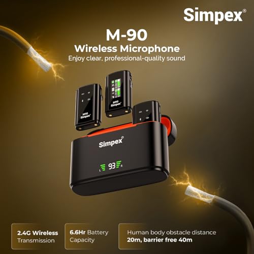 Image of Simpex (M-90 2-in-1 Wireless Microphone with TFT Card Recording & 360 Sound Capture, 100m Range, 2.4 GHz RF, 9Hrs Run Time, Noise Cancellation, Plug & amp; Play, Compatible with Android, iOS, DSLR