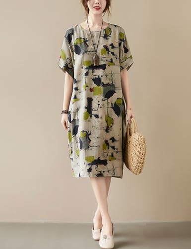 Image of LUZU JUNU Women's Summer Baggy Plus Size Loose Cotton Linen Long Boho Beach Dress with Pockets