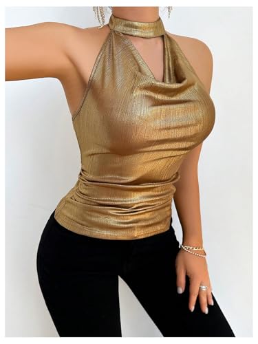 SHENHE Women's Metallic Halter Tops Draped Front Open Back Sexy Sleeveless Ruched Party Top4