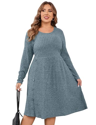 Image of Women's Plus Size Casual Sweater Dress Square Neck Long Lantern Sleeve Tie Waist Loose Pullover Sweater Dresses